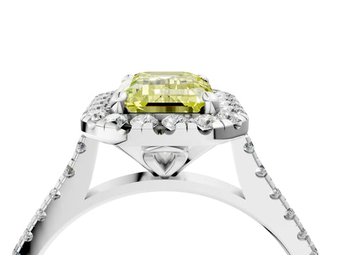 White gold Fancy Yellow Emerald Cut Diamond Cushion Halo Ring with Pavé Band_4