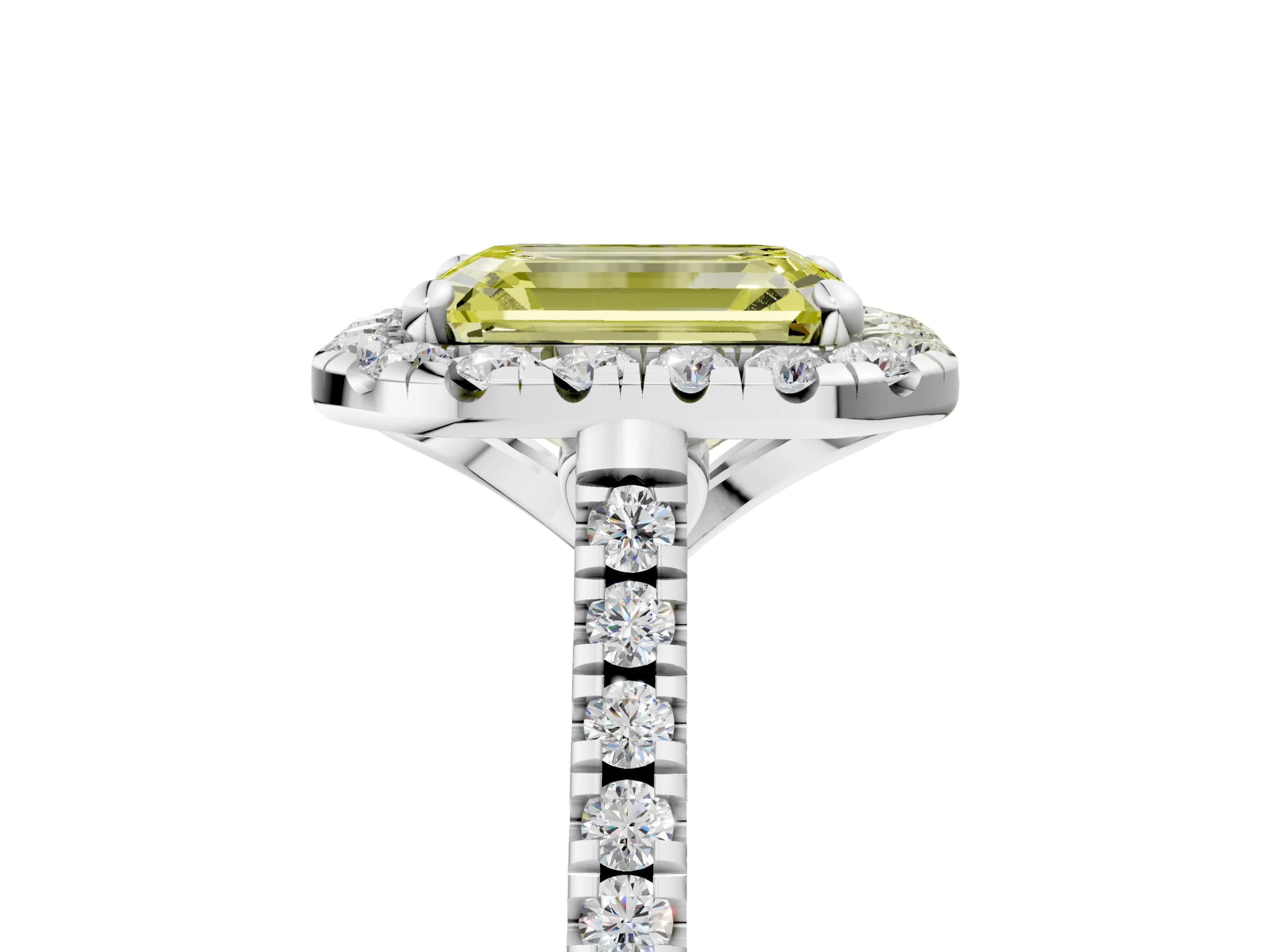 White gold Fancy Yellow Emerald Cut Diamond Cushion Halo Ring with Pavé Band_5