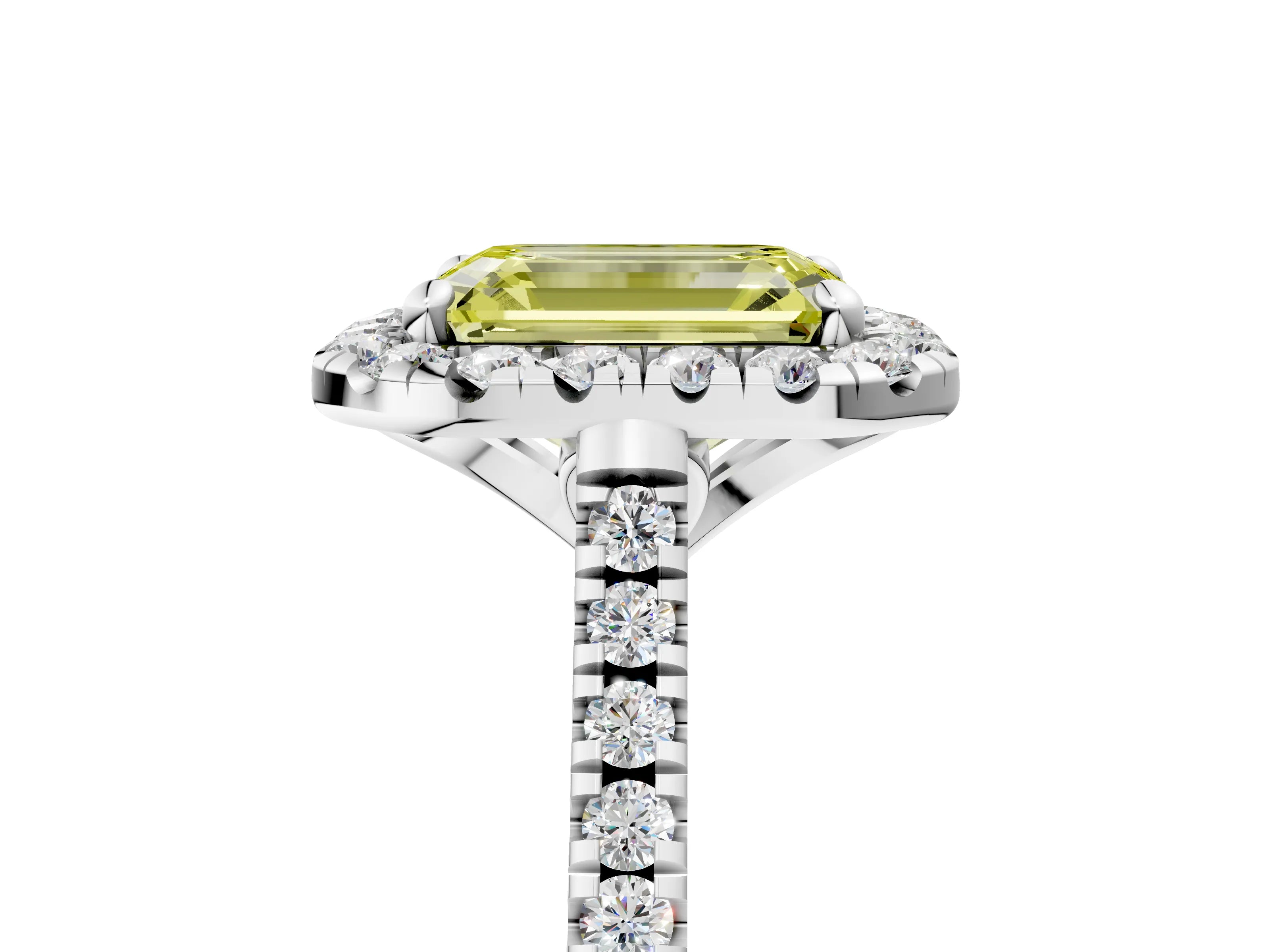 White gold Fancy Yellow Emerald Cut Diamond Cushion Halo Ring with Pavé Band_5