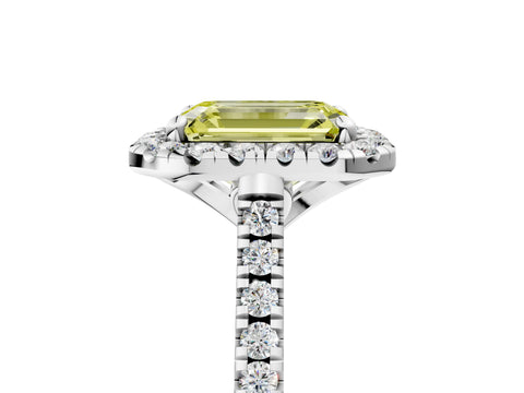 White gold Fancy Yellow Emerald Cut Diamond Cushion Halo Ring with Pavé Band_5