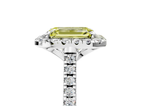 White gold Fancy Yellow Emerald Cut Diamond Cushion Halo Ring with Pavé Band_5