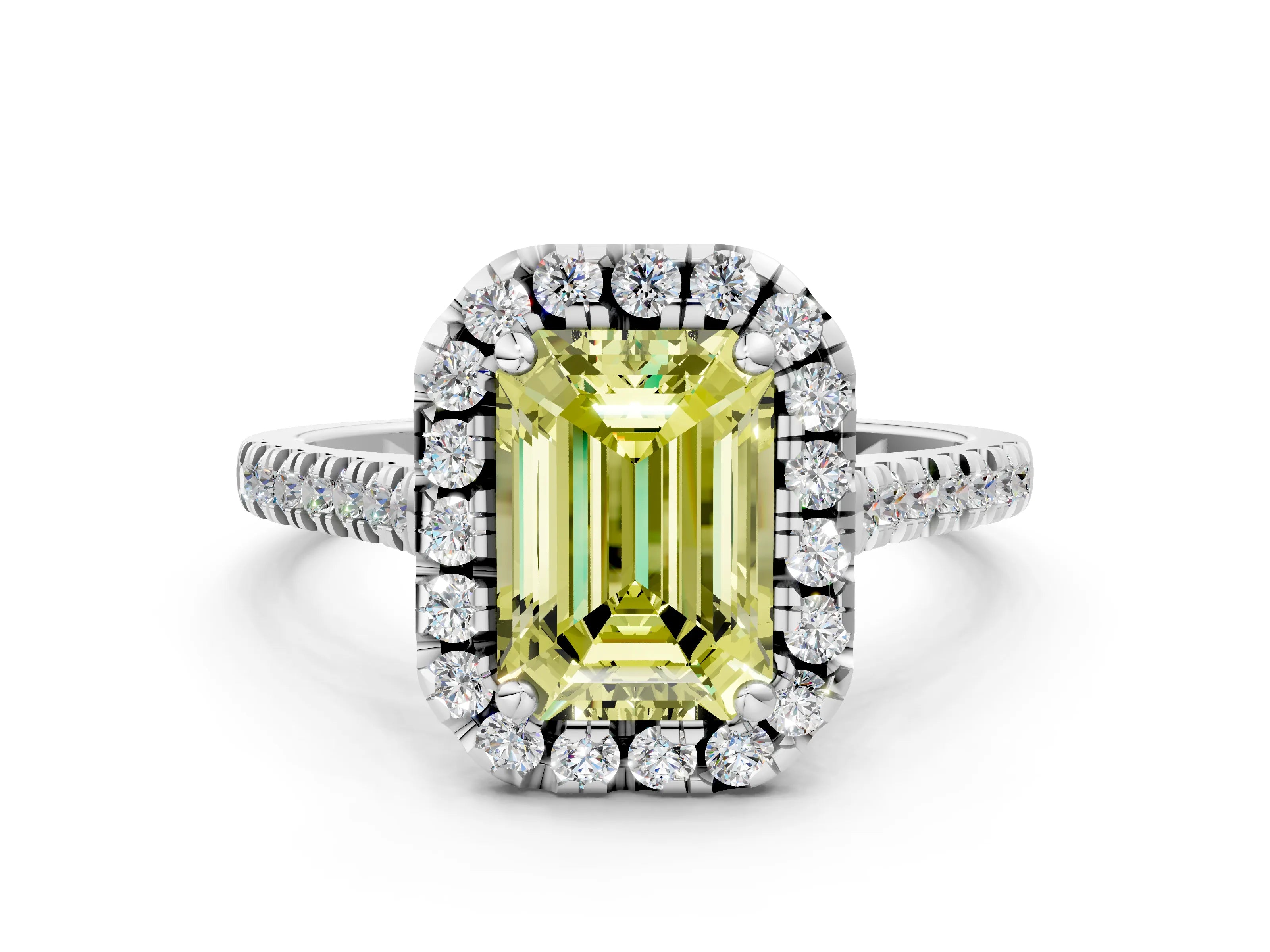 White gold Fancy Yellow Emerald Cut Diamond Cushion Halo Ring with Pavé Band