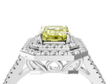White gold Fancy Yellow Emerald Cut Diamond Double Halo Ring with Pavé Band and Prong Setting_120