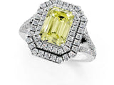 White gold Fancy Yellow Emerald Cut Diamond Double Halo Ring with Pavé Band and Prong Setting_123