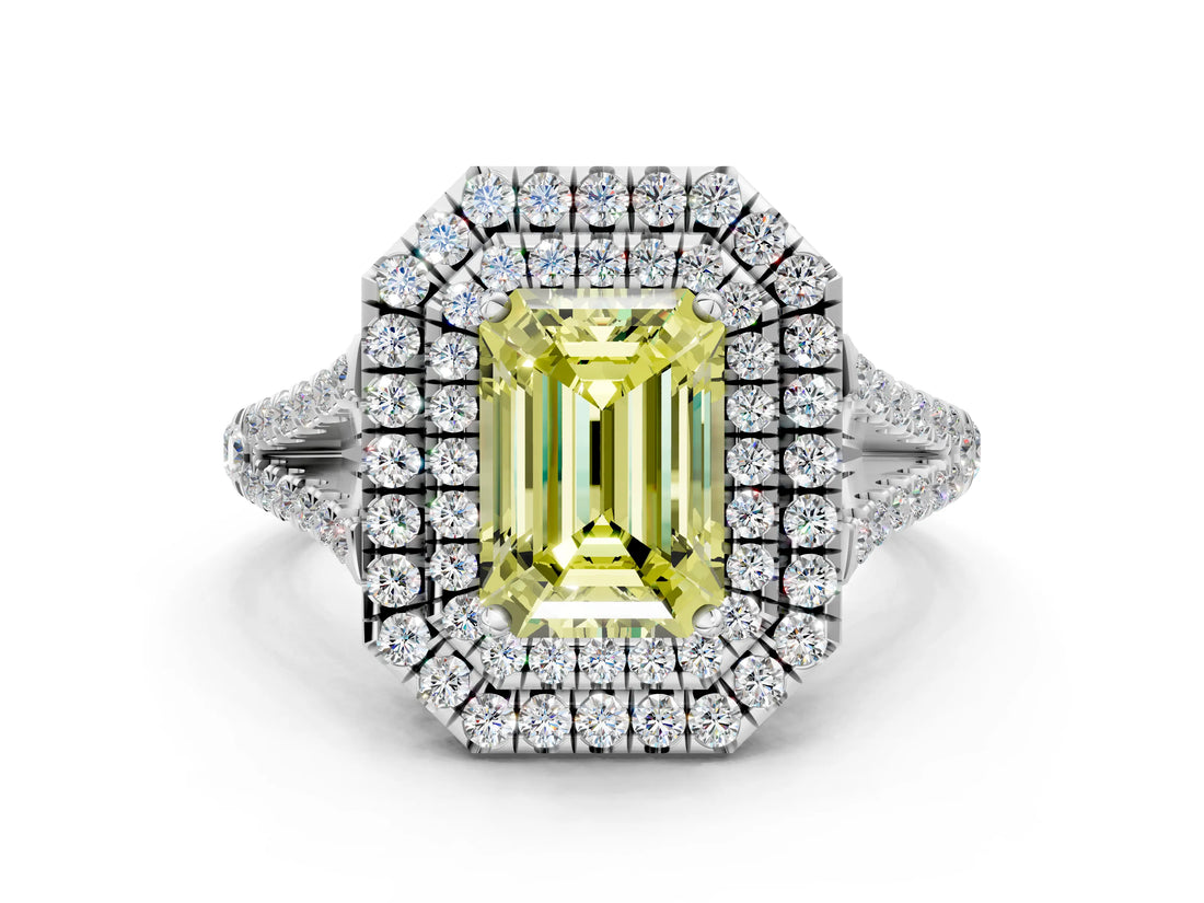 White gold Fancy Yellow Emerald Cut Diamond Double Halo Ring with Pavé Band and Prong Setting_128
