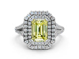 White gold Fancy Yellow Emerald Cut Diamond Double Halo Ring with Pavé Band and Prong Setting_128