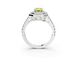 White gold Fancy Yellow Emerald Cut Diamond Double Halo Ring with Pavé Band and Prong Setting_131
