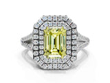 White gold Fancy Yellow Emerald Cut Diamond Double Halo Ring with Pavé Band and Prong Setting_139