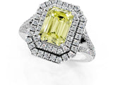 White gold Fancy Yellow Emerald Cut Diamond Double Halo Ring with Pavé Band and Prong Setting_140