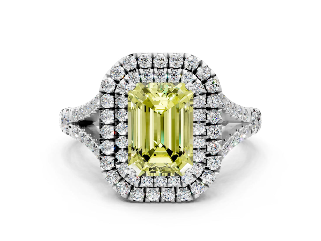 White gold Fancy Yellow Emerald Cut Diamond Double Halo Ring with Split Shank and Prong Setting_27