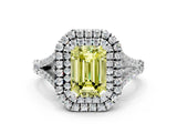 White gold Fancy Yellow Emerald Cut Diamond Double Halo Ring with Split Shank and Prong Setting_27