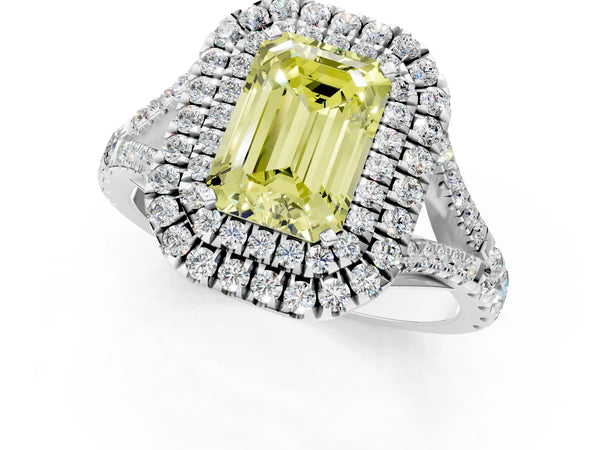 Platinum Fancy Yellow Emerald Cut Diamond Double Halo Ring with Split Shank and Prong Setting