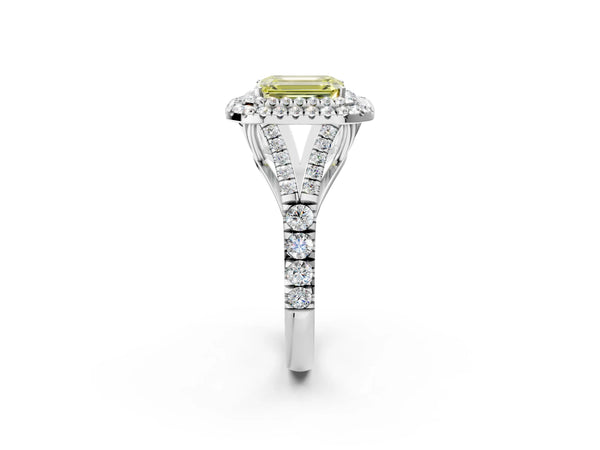 Platinum Fancy Yellow Emerald Cut Diamond Double Halo Ring with Split Shank and Prong Setting