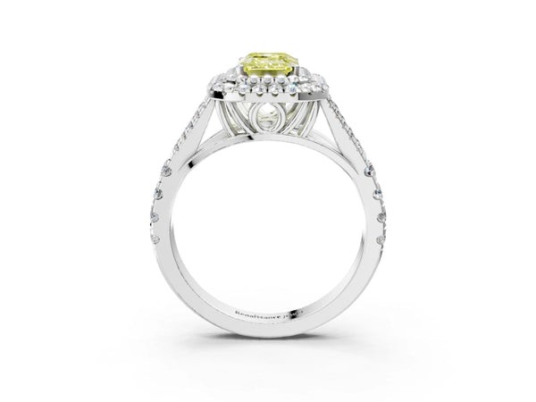 Platinum Fancy Yellow Emerald Cut Diamond Double Halo Ring with Split Shank and Prong Setting