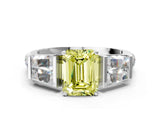 White gold Fancy Yellow Emerald Cut Diamond Engagement Ring with Baguette Side Stones and Channel Set Band_32