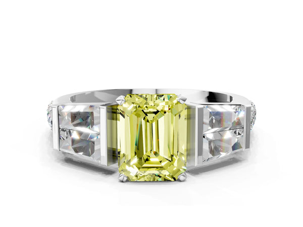 Platinum Fancy Yellow Emerald Cut Diamond Engagement Ring with Baguette Side Stones and Channel Set Band