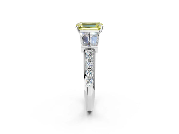 Platinum Fancy Yellow Emerald Cut Diamond Engagement Ring with Baguette Side Stones and Channel Set Band