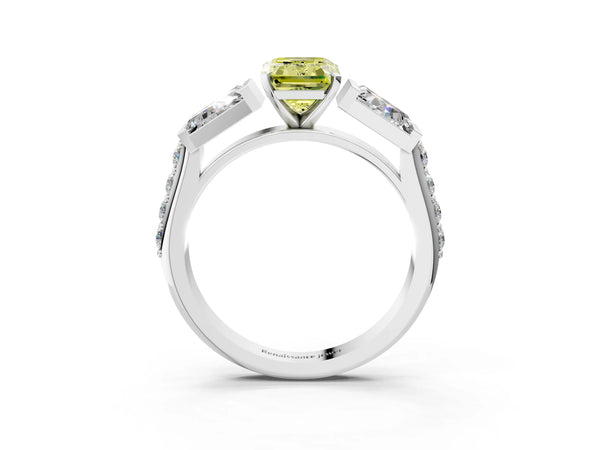 Platinum Fancy Yellow Emerald Cut Diamond Engagement Ring with Baguette Side Stones and Channel Set Band