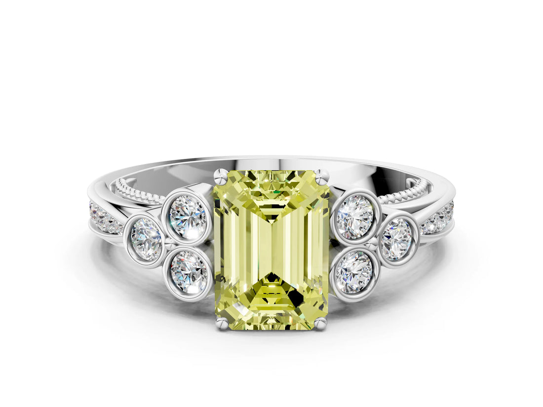 White gold Fancy Yellow Emerald  Cut Diamond Engagement Ring with Bezel Set Round Side Stones and Prong Setting_52