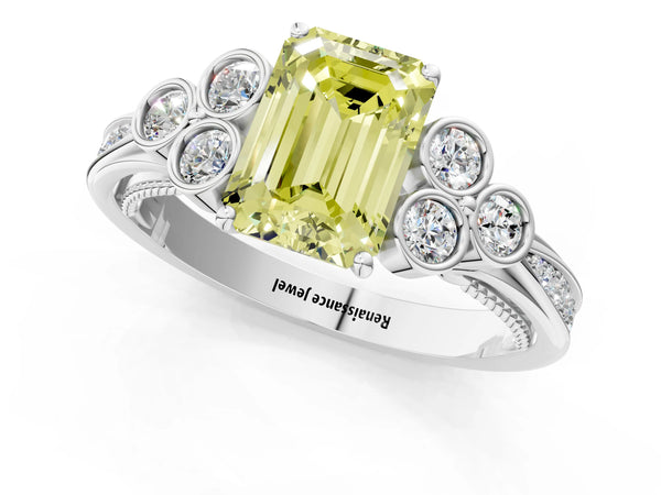 White gold Fancy Yellow Emerald  Cut Diamond Engagement Ring with Bezel Set Round Side Stones and Prong Setting