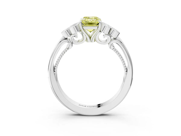 White gold Fancy Yellow Emerald  Cut Diamond Engagement Ring with Bezel Set Round Side Stones and Prong Setting