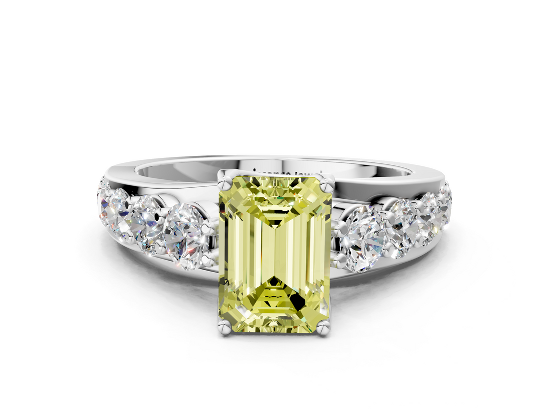 White gold Fancy Yellow Emerald  Cut Diamond Engagement Ring with Pavé Band and Four-Prong Setting_3