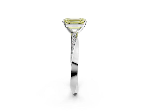 Platinum Fancy Yellow Emerald Cut Diamond Engagement Ring with Side Stone Accents and Four-Prong Setting