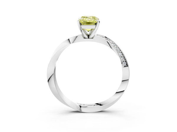 Platinum Fancy Yellow Emerald Cut Diamond Engagement Ring with Side Stone Accents and Four-Prong Setting