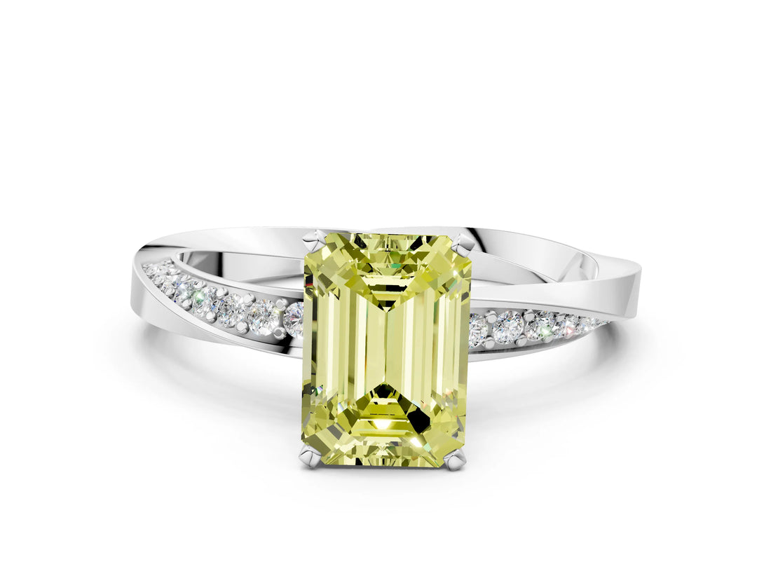 White gold Fancy Yellow Emerald Cut Diamond Engagement Ring with Side Stone Accents and Four-Prong Setting_84