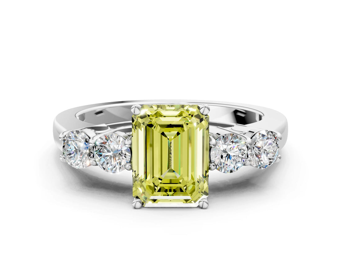 White gold Fancy Yellow Emerald  Cut Diamond Five-Stone Prong Set White Gold Ring_33