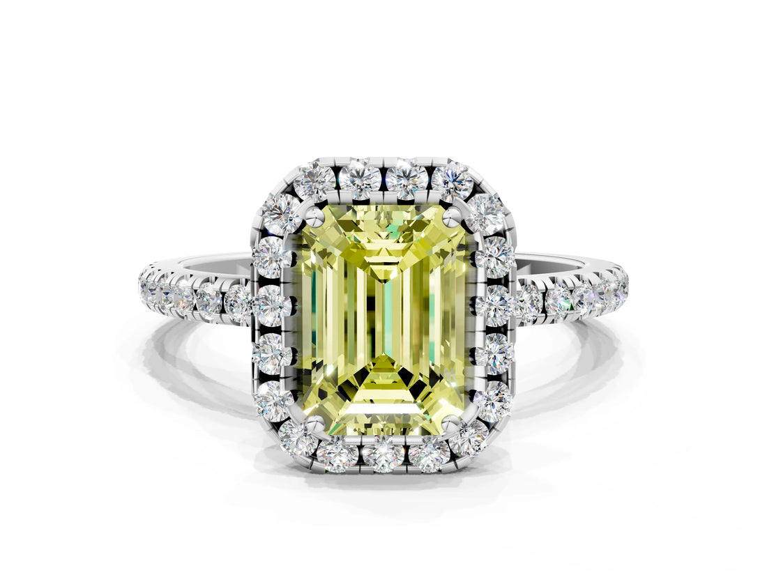 White gold Fancy Yellow Emerald  Cut Diamond Floral Halo Engagement Ring with Pavé Band and Prong Setting_50
