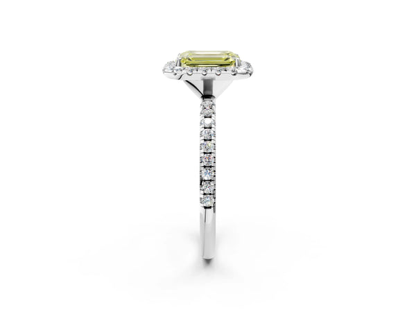 Platinum Fancy Yellow Emerald  Cut Diamond Floral Halo Engagement Ring with Pavé Band and Prong Setting