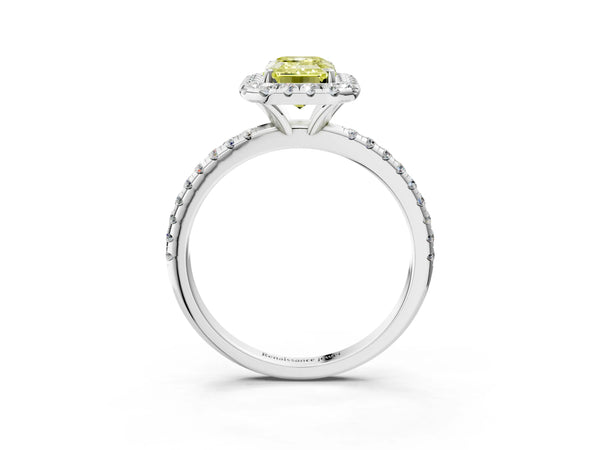 Platinum Fancy Yellow Emerald  Cut Diamond Floral Halo Engagement Ring with Pavé Band and Prong Setting