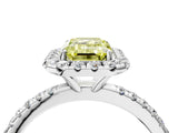 White gold Fancy Yellow Emerald  Cut Diamond Floral Halo Engagement Ring with Pavé Band and Prong Setting_54