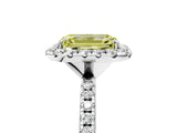 White gold Fancy Yellow Emerald  Cut Diamond Floral Halo Engagement Ring with Pavé Band and Prong Setting_55