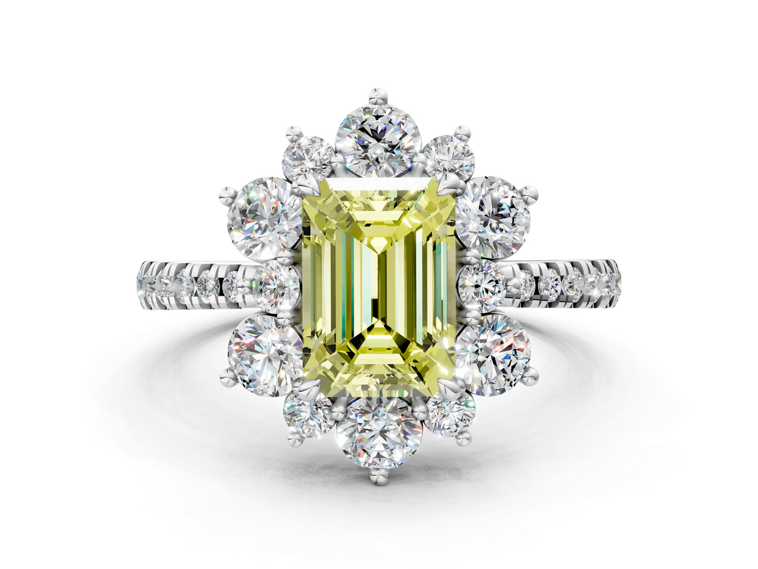 White gold Fancy Yellow Emerald  Cut Diamond Floral Halo Pave Band with Prong Setting_37