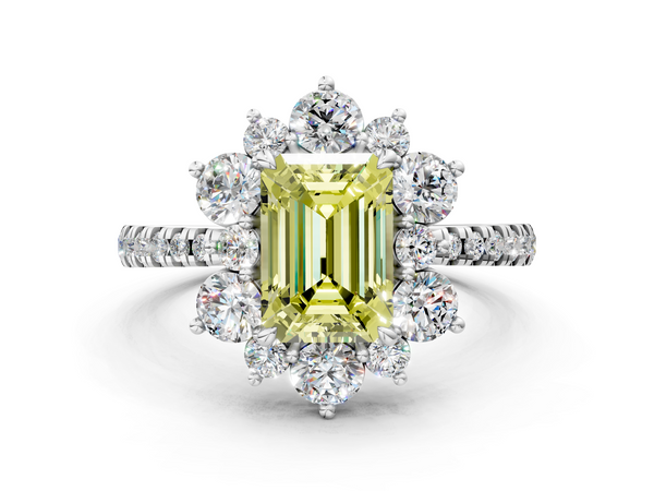 White gold Fancy Yellow Emerald  Cut Diamond Floral Halo Pave Band with Prong Setting