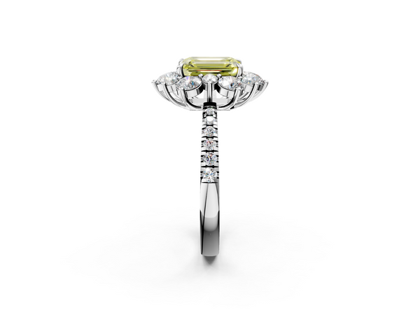 White gold Fancy Yellow Emerald  Cut Diamond Floral Halo Pave Band with Prong Setting