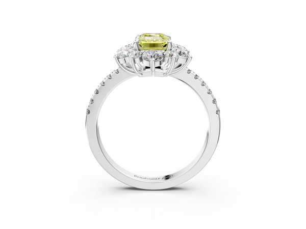 White gold Fancy Yellow Emerald  Cut Diamond Floral Halo Pave Band with Prong Setting
