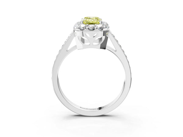 White gold Fancy Yellow Emerald Cut Diamond Floral Halo Ring with Pavé Band and Prong Setting
