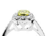 White gold Fancy Yellow Emerald Cut Diamond Floral Halo Ring with Pavé Band and Prong Setting_11