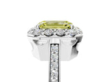 White gold Fancy Yellow Emerald Cut Diamond Floral Halo Ring with Pavé Band and Prong Setting_12