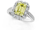 White gold Fancy Yellow Emerald Cut Diamond Floral Halo Ring with Pavé Band and Prong Setting_8