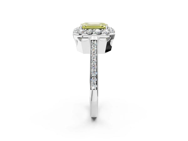 White gold Fancy Yellow Emerald Cut Diamond Floral Halo Ring with Pavé Band and Prong Setting
