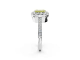 White gold Fancy Yellow Emerald Cut Diamond Floral Halo Ring with Pavé Band and Prong Setting_9