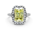 White gold Fancy Yellow Emerald Cut Diamond Floral Halo Split Shank Prong Setting Ring