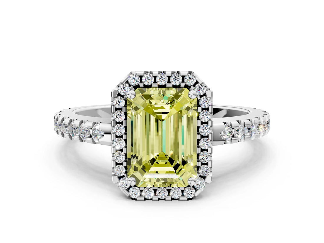 White gold Fancy Yellow Emerald Cut Diamond Halo Engagement Ring with Pavé Band and Prong Setting_39
