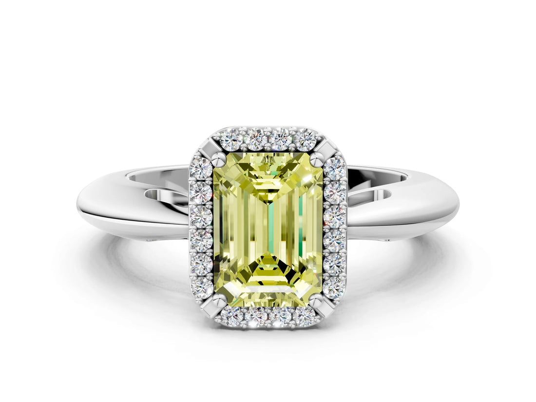 White gold Fancy Yellow Emerald  Cut Diamond Halo Engagement Ring with Split Shank and Four-Prong Setting_90