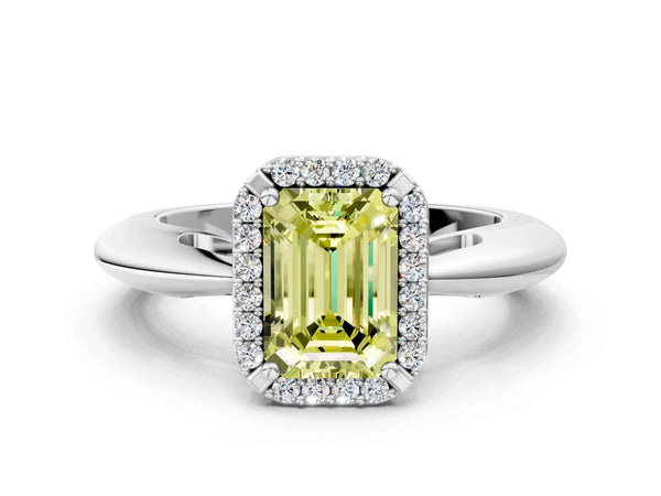 White gold Fancy Yellow Emerald  Cut Diamond Halo Engagement Ring with Split Shank and Four-Prong Setting