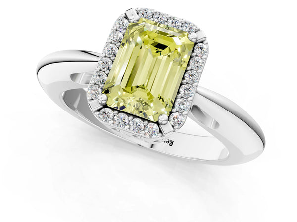 White gold Fancy Yellow Emerald  Cut Diamond Halo Engagement Ring with Split Shank and Four-Prong Setting